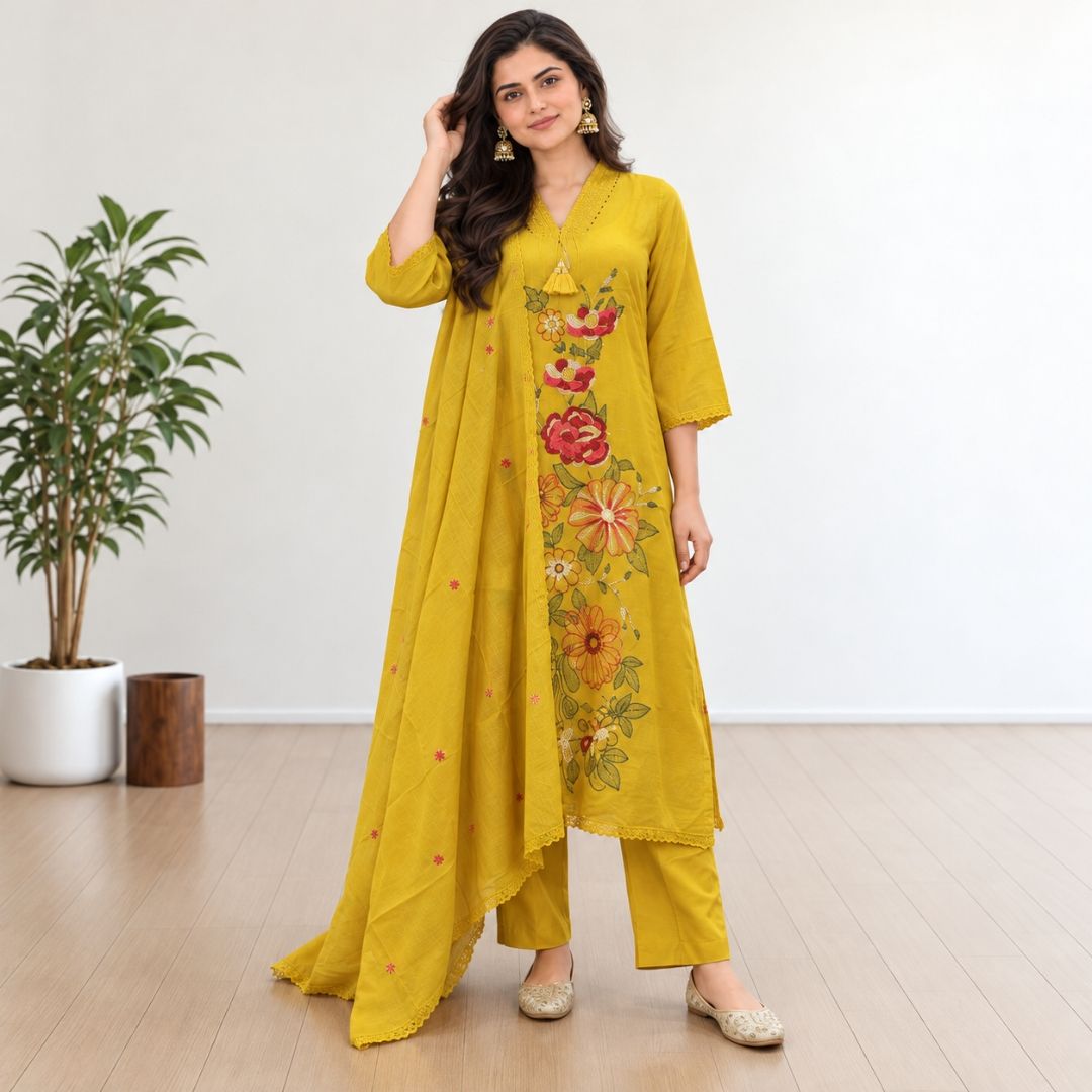 Rimjhim – Mustard Yellow A-Line Cotton Suit Set