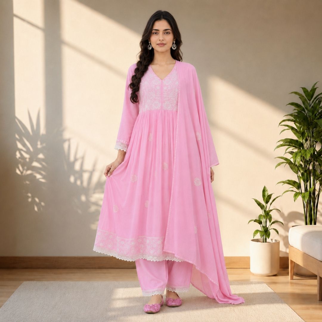 AASHNA – Pink Embroidered Anarkali Suit Set