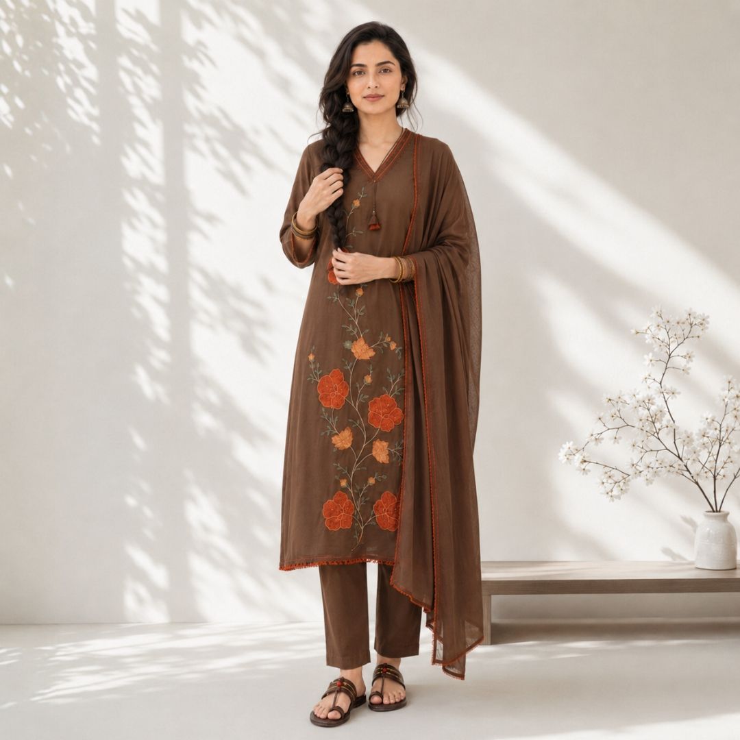 DHARA – Floral Embroidered Straight Suit Set
