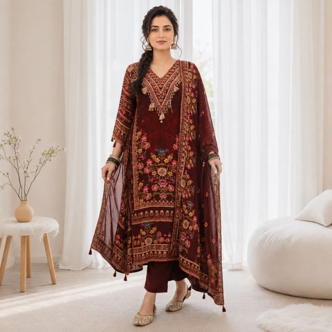 SHANVIKA – Maroon Crepe Suit Set