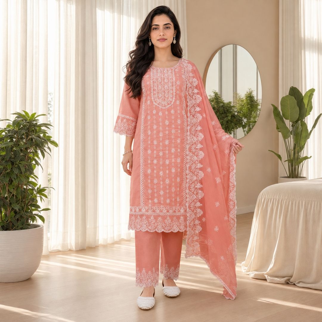 KARIGARI – Peach Embroidered Suit Set