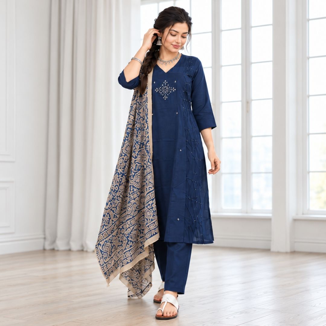 Anmol – Navy Blue Khadi Cotton Suit Set view 3