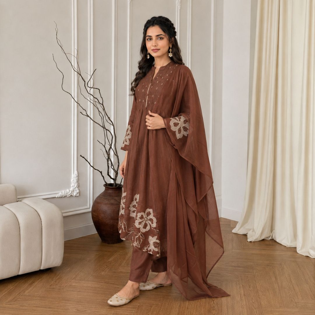 Tanishka – Brown Cotton Silk Festive Suit Set view 3