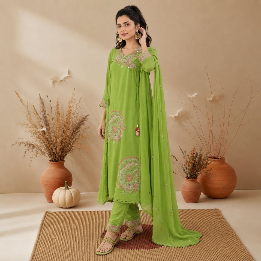 NYRA – Olive Green Embroidered Suit Set view 3