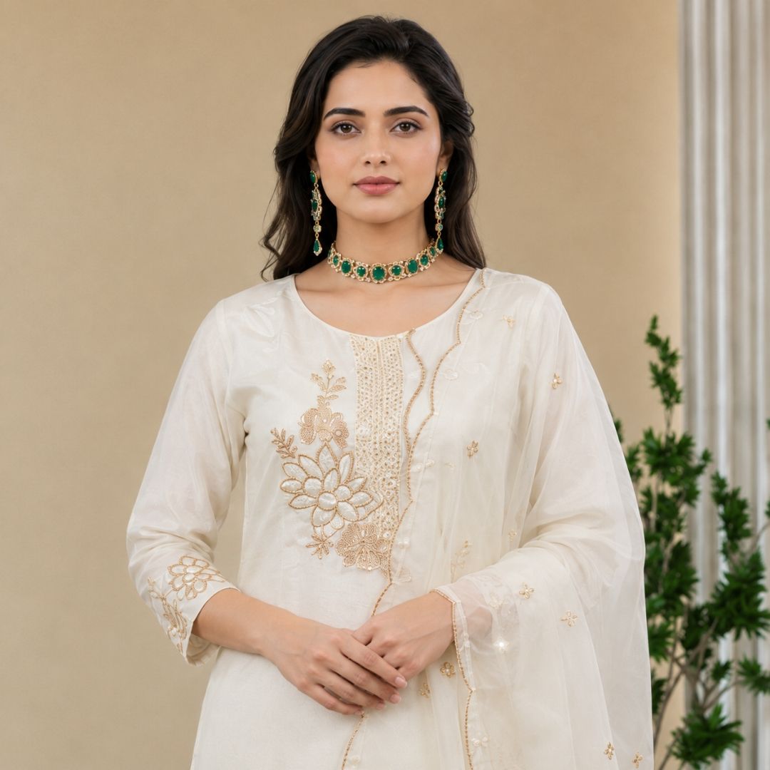 PAKIZA – Ivory Organza Suit Set view 5
