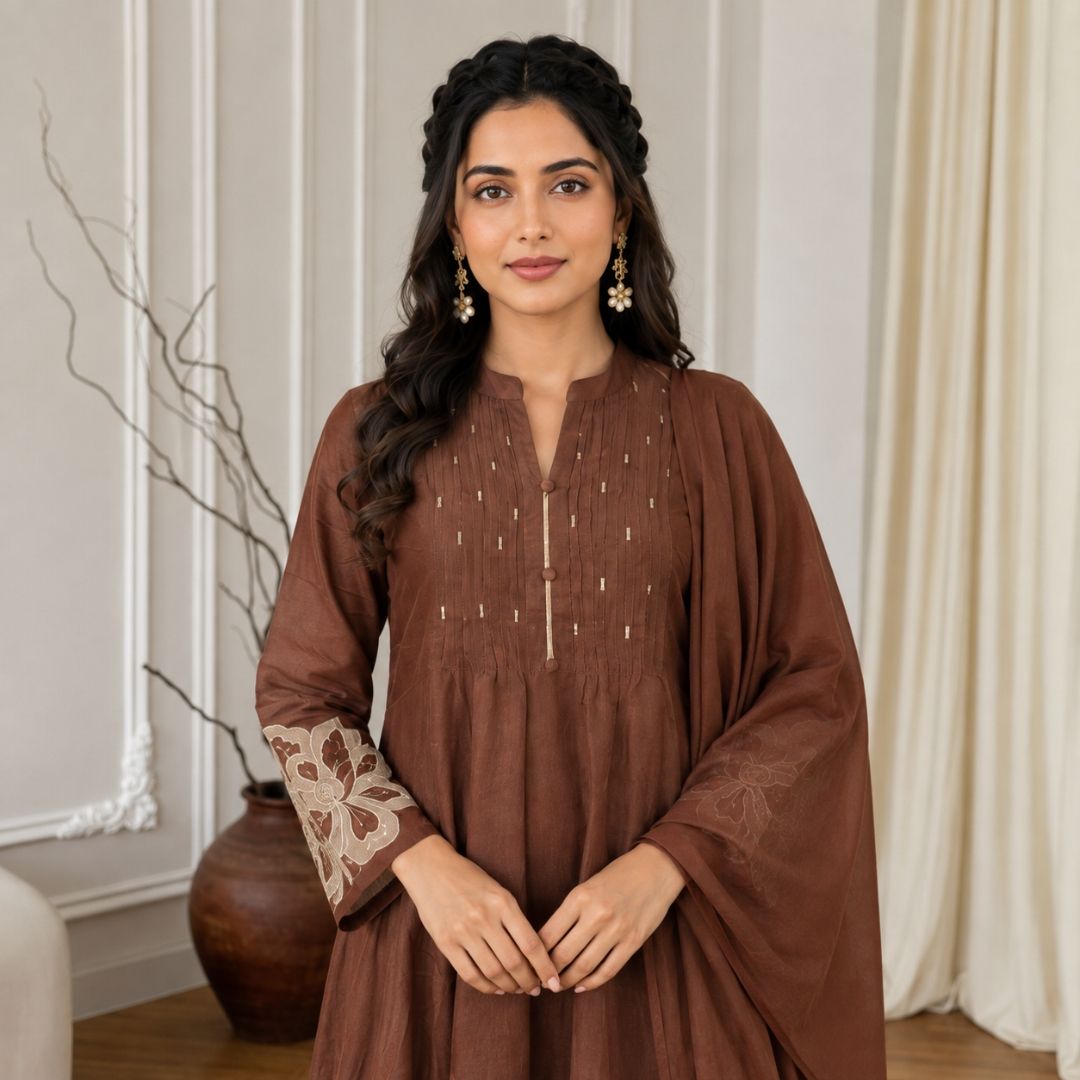 Tanishka – Brown Cotton Silk Festive Suit Set view 2