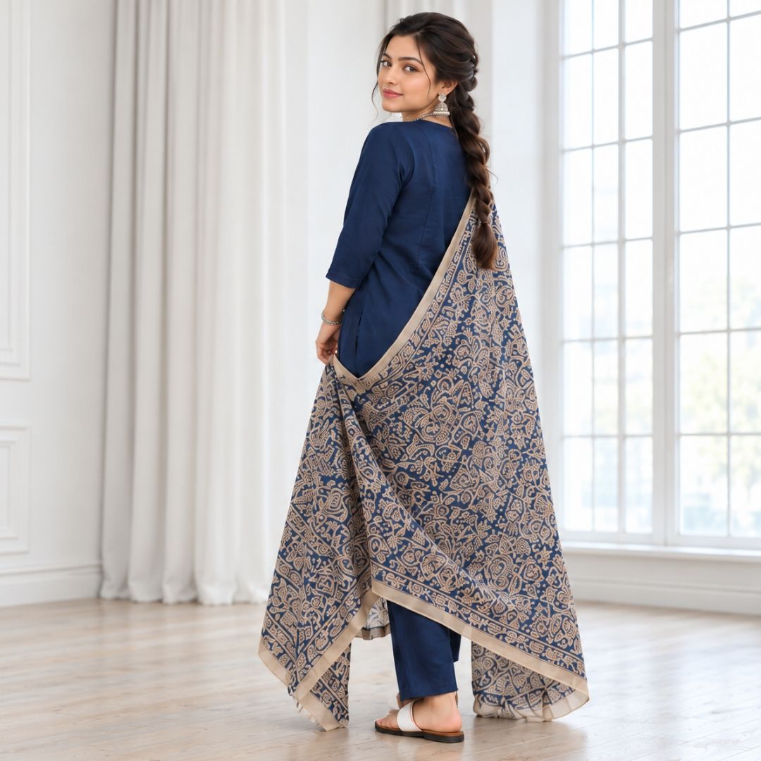Anmol – Navy Blue Khadi Cotton Suit Set view 5