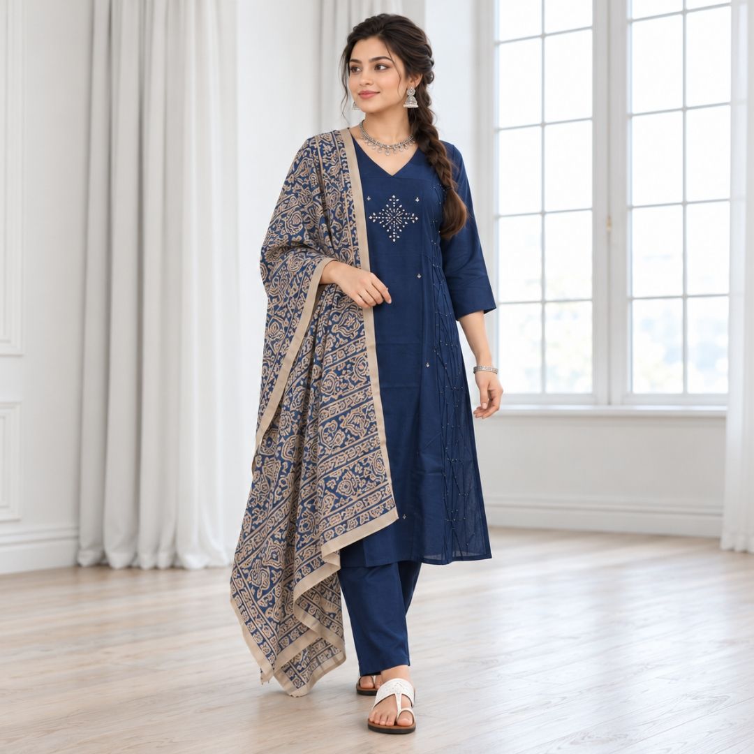 Anmol – Navy Blue Khadi Cotton Suit Set view 4