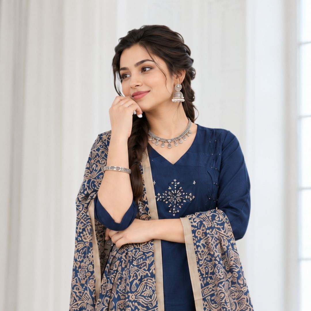 Anmol – Navy Blue Khadi Cotton Suit Set view 2