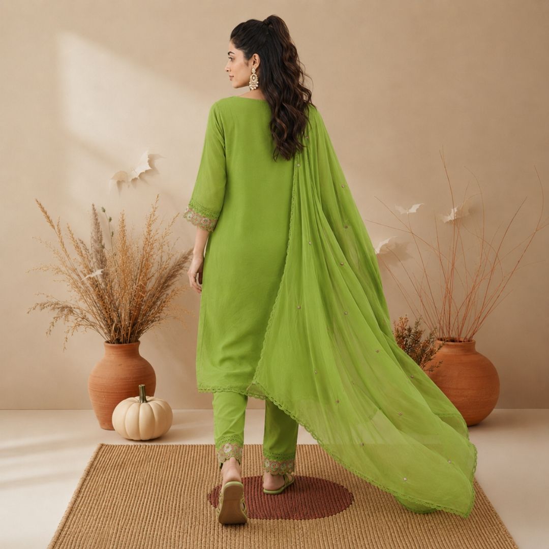 NYRA – Olive Green Embroidered Suit Set view 4