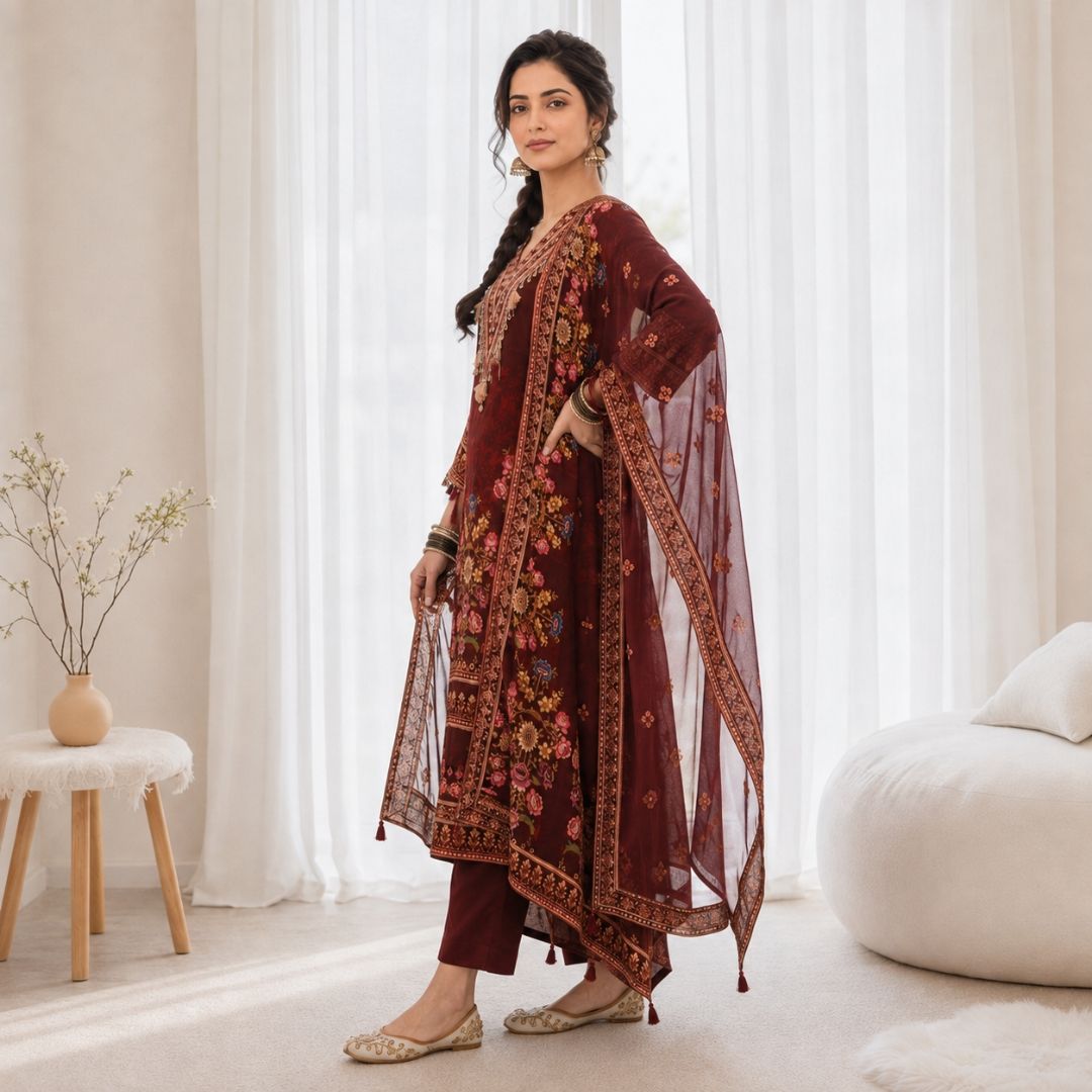 SHANVIKA – Maroon Crepe Suit Set view 2