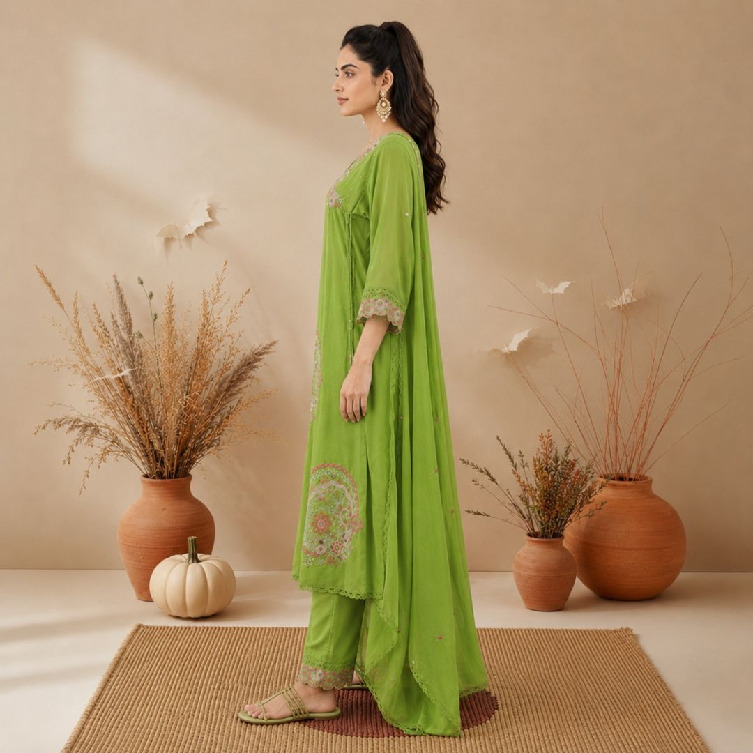 NYRA – Olive Green Embroidered Suit Set view 2
